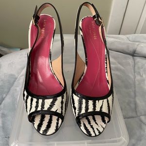 Kate Spade open toe, open back zebra print heel. Size 7.5, 3.5” heel